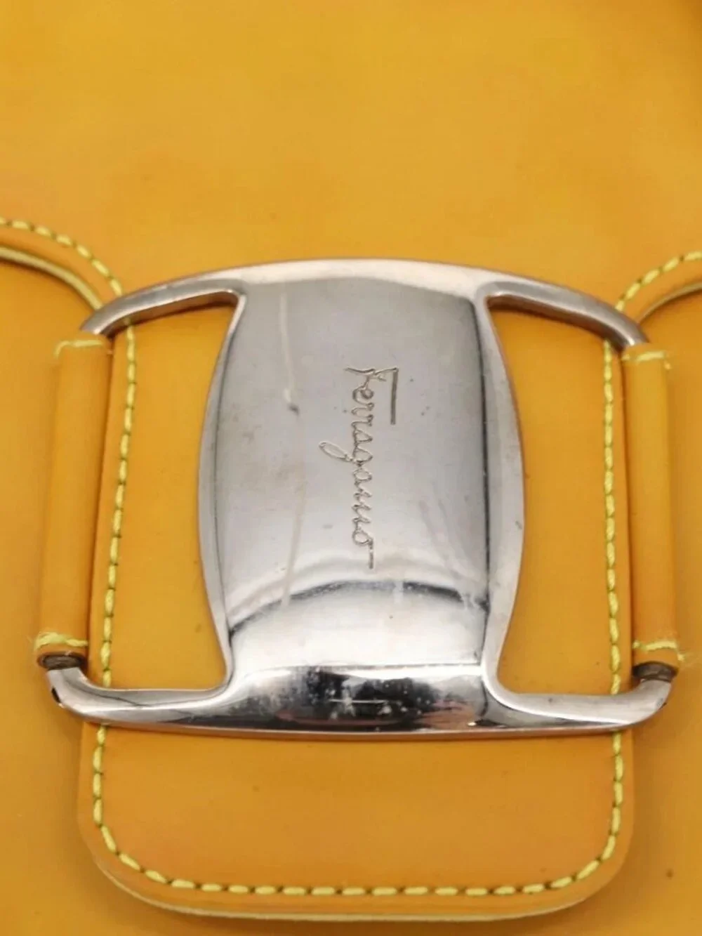 Salvatore Ferragamo Vala Hand Bag Leather 2way Yellow Silver Auth 166370